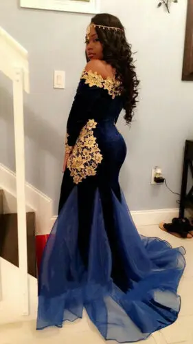 

Blue Lace Applique Long Sleeve African Prom Dresses Evening Party Gown arabic prom dresses 2020