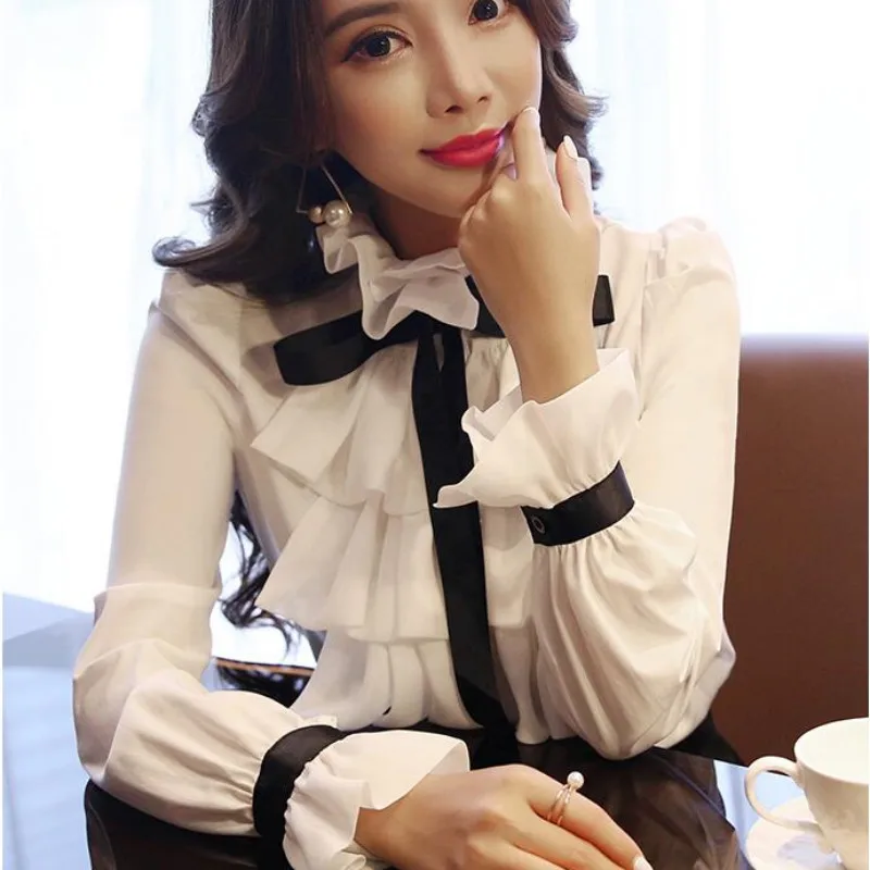 Женская шифоновая блузка с длинным рукавом белая рубашка оборками и бантом