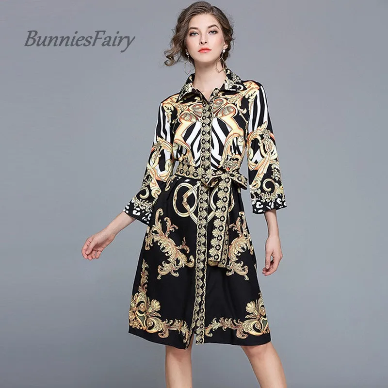 BunniesFairy 2017 Autumn European and American Style Retro Geometric Print Belted Slim Waist Dress Female Robe Vestidos De Festa | Женская
