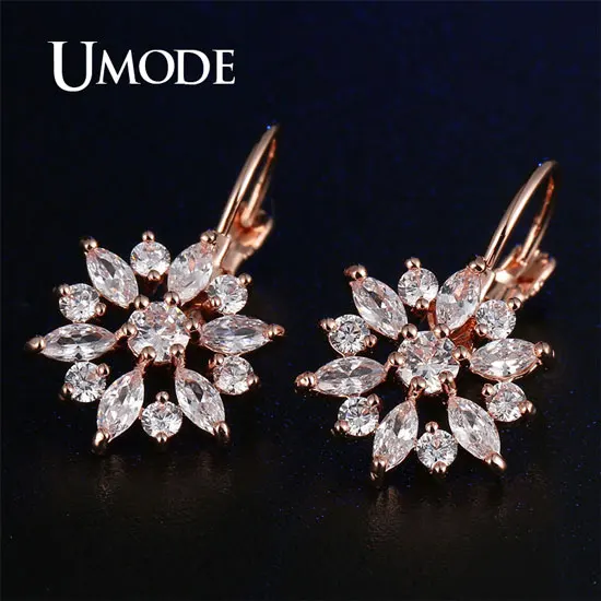 Rose Gold Clear UMODE, модные серьги в форме цветка, золотые, цветные, CZ, кубический цирконий, висячие серьги, ювелирные изделия для женщин, свадебные подарки UE0590 - Окраска металла: Rose Gold Clear