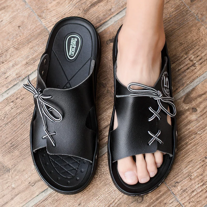 Мужские кожаные сандалии на плоской подошве пляжные праздничная обувь черного