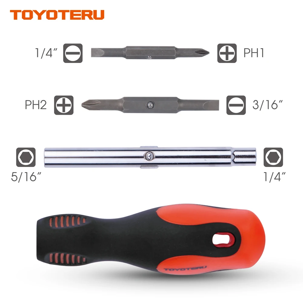 Набор отверток TOYOTERU 6 в 1 с быстрой сменой, шлицевая 3/1", 9/32" Phillips#1,#2, отвертка 1/", 5/16", многофункциональная отвертка