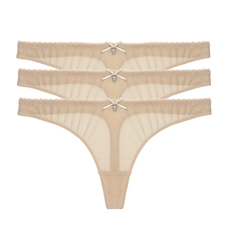 3 beige Varsbaby стринги Прозрачное нижнее белье из пряжи с бантом тонкие хлопковые трусы с низкой посадкой трусики-стринги 3 шт./лот для женщин - Цвет: 3 beige