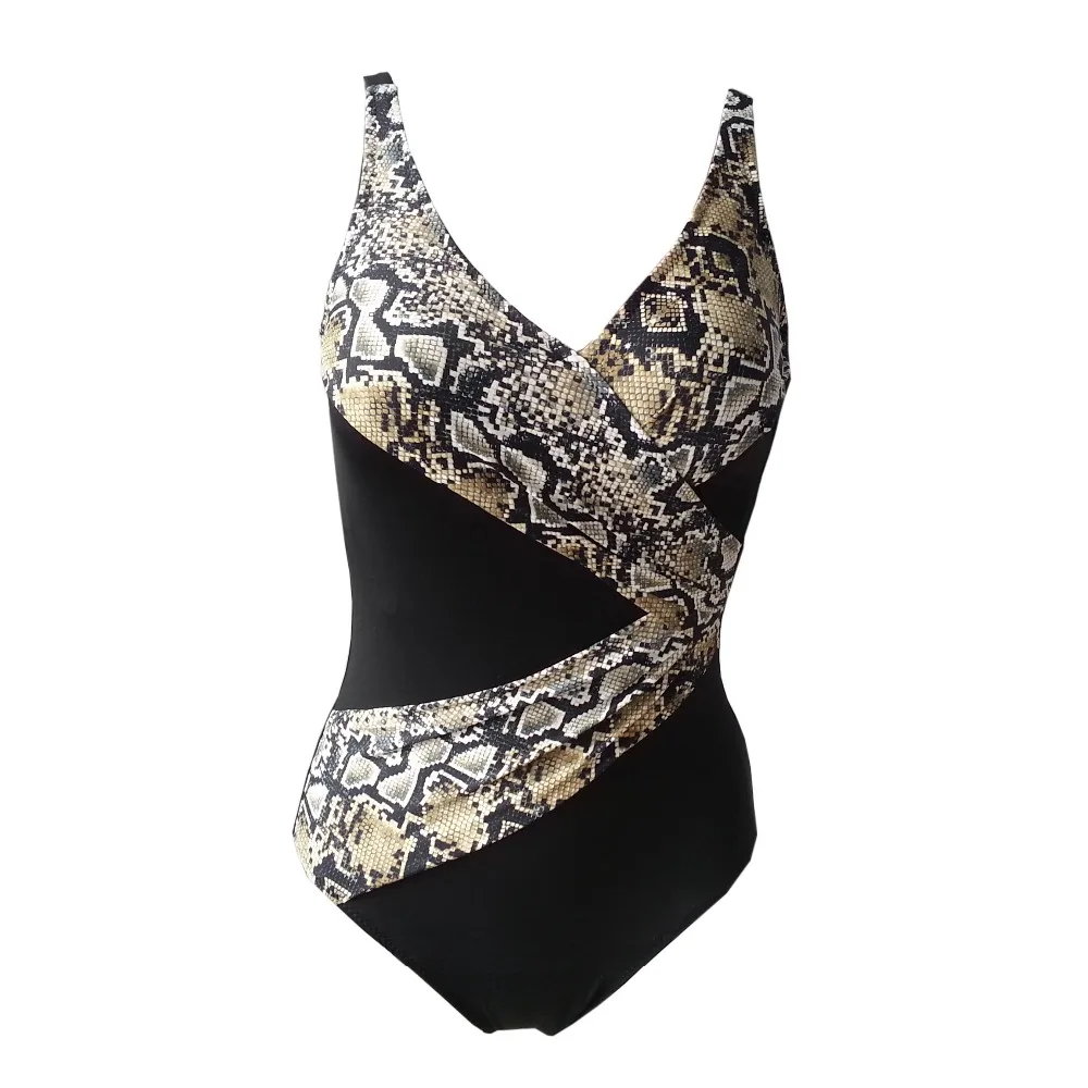 Купальник большого размера Женский цельный костюм полосатый принт черный