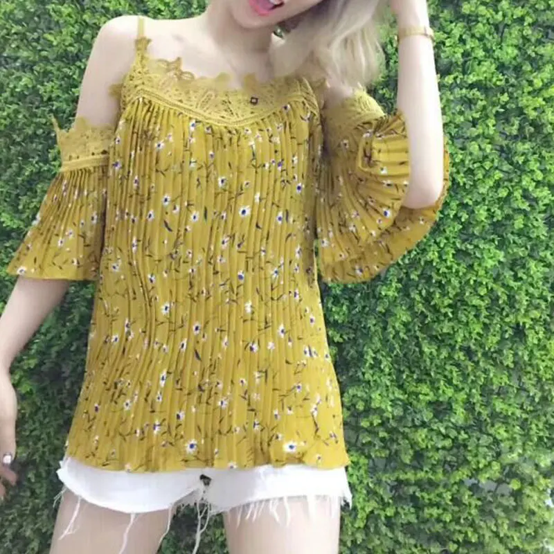 Летние Женские Блузки 2017 Рубашки Женщин Slash Шеи Кружева Цветочные Топы