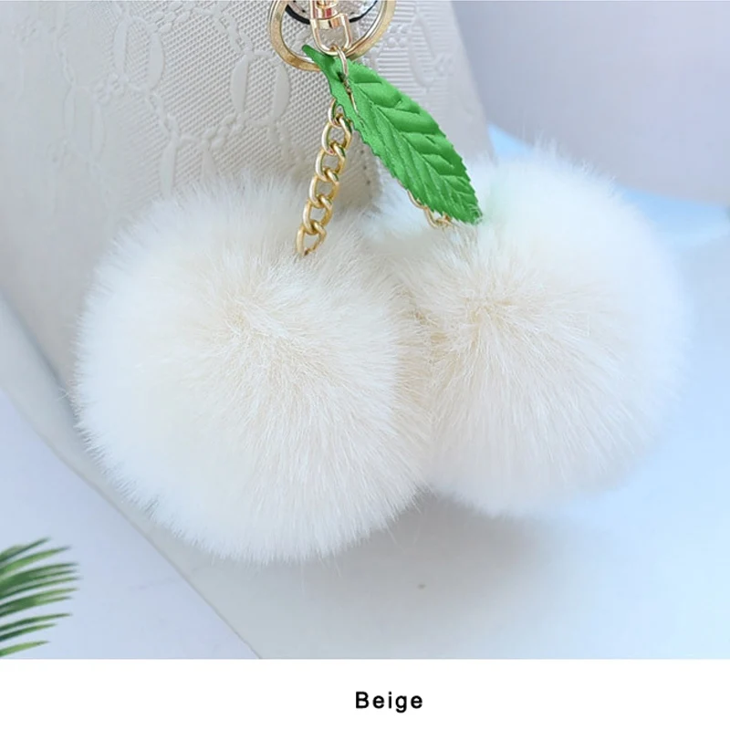 Beige Корейская мода двойной пушистый шарик-помпон брелок конфетного цвета брелок-вишня для сумки автомобиля женщин искусственный мех кролика брелок - Цвет: Beige