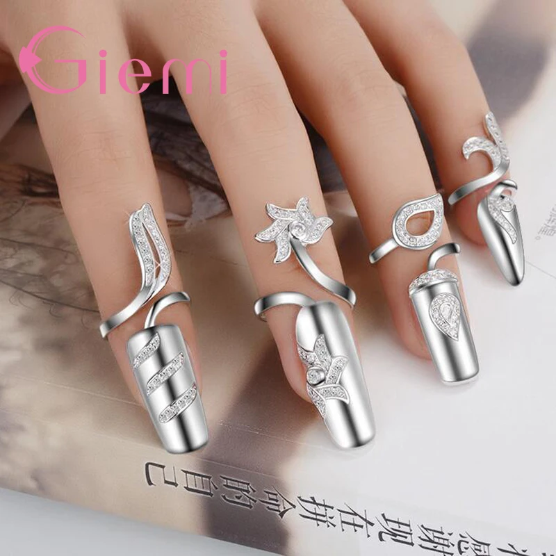 

Trendy Genuine 925 Sterling Silver Different Style Various Patterns Finger Nail Rings For Women Female Jewelry Present