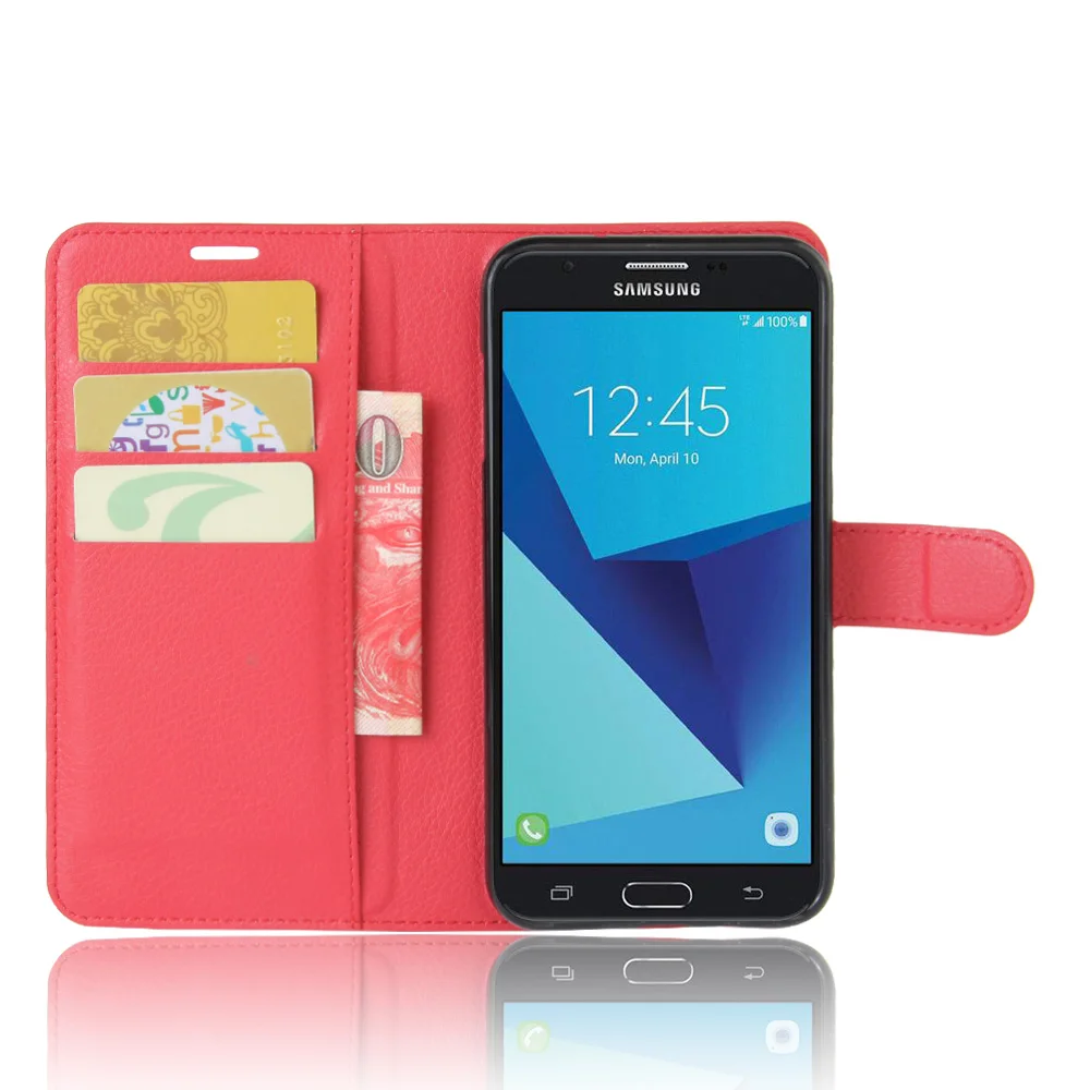 Чехол-книжка для Samsung Galaxy J7 (2017) кожаный с отделением карт рисунком личи черный SM 727