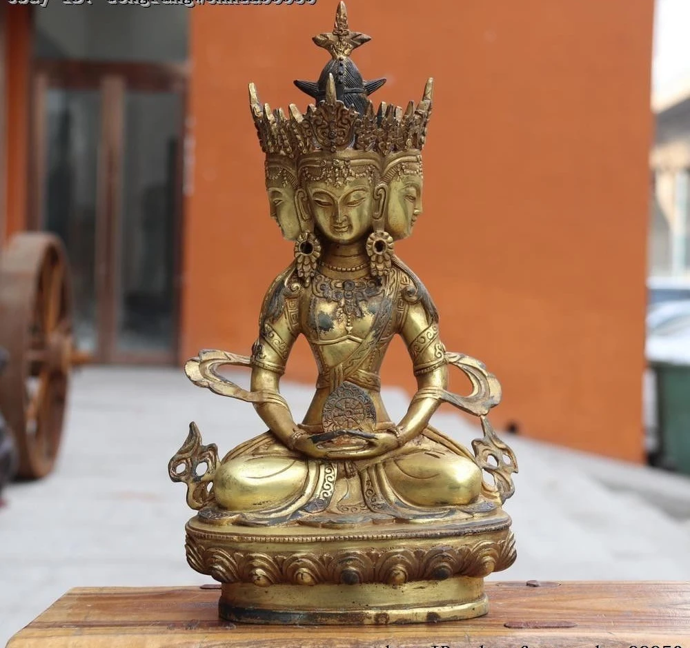 Тибетский буддизм бронзовый медный четыре лица ушниша Виджая Кван-Инь статуя