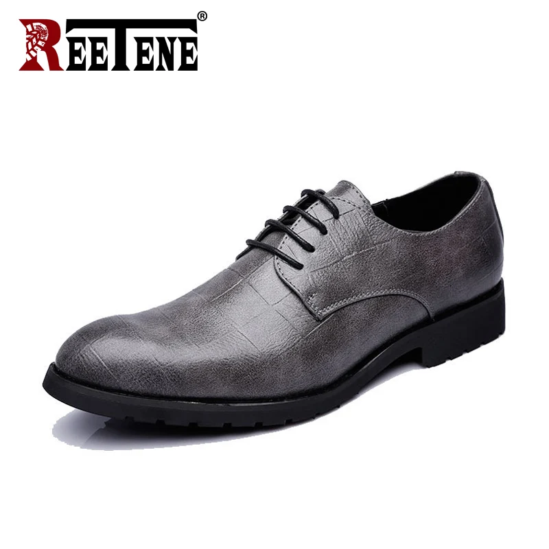 Gray REETENE/Новые весенние модные мужские туфли-оксфорды в деловом стиле; обувь из натуральной кожи; мужские свадебные туфли на плоской подошве со шнуровкой; Размеры 37-48 - Цвет: Gray
