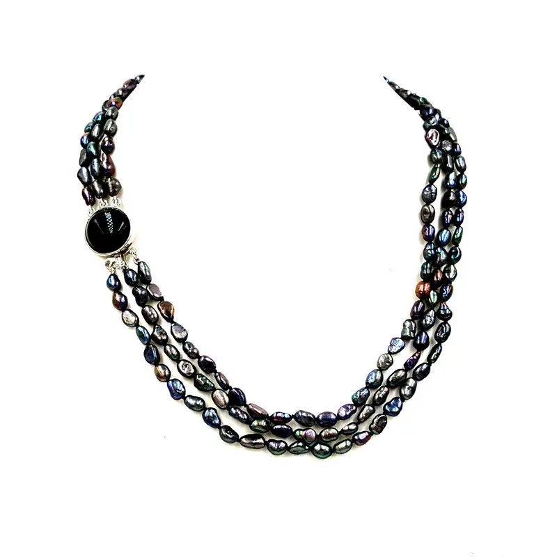 Натуральный черный барочный Жемчуг 5 6 мм 3 нити Оникс Камень застежка модное