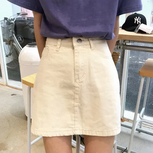 Бежевый Harajuku модные Высокая Талия Для женщин юбка Chic сладкий Карамельный цвет студент джинсовая юбка трапециевидной формы ковбойские девушки мини-юбка - Цвет: Бежевый