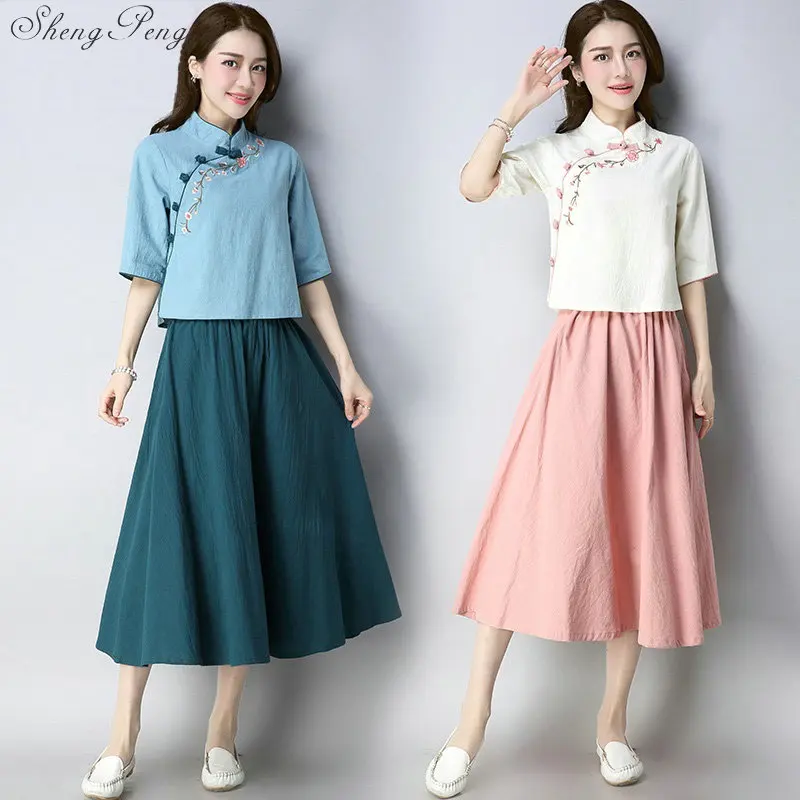 

Chinese traditional Han dynasty women dress suits v-neck embroidery tops tunic national oriental skirt two pieces suit Q186