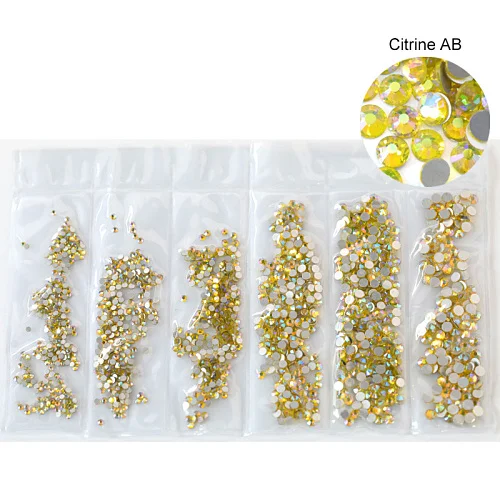 Citrine AB 1 упаковка, 1584 шт, стеклянные стразы, не Горячие Стразы, плоские с оборота, разные размеры, SS4-SS12, украшения для ногтей, блестящие стразы E7089 - Цвет: Citrine AB