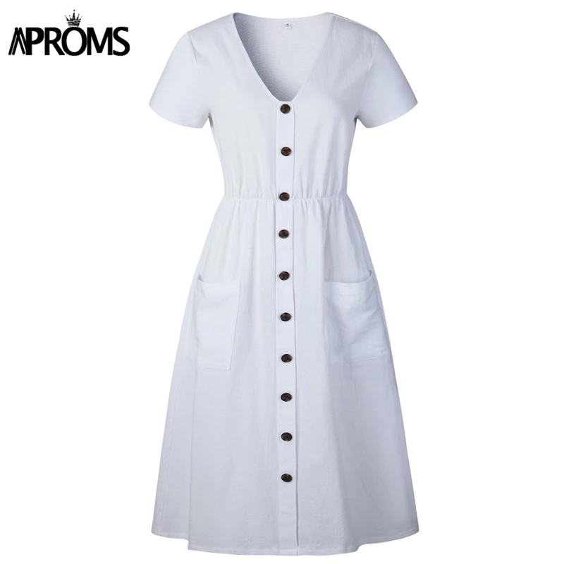 Aproms, одноцветное, цветное, с высокой талией, летнее платье, женское, повседневное, v-образный вырез, пуговицы, длина до колена, платье, Vestidos, женские, с карманами, сарафаны - Цвет: Белый