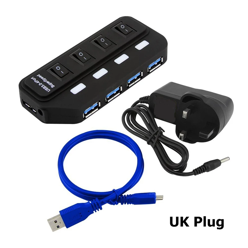 Высокоскоростной концентратор USB 3,0 с 4 и 7 портами с переключателем OnOff адаптер питания usb-хаб 3,0 для настольного ноутбука u-диск Компьютер Медиа зарядное устройство - Цвет: 4 Ports with UK Plug