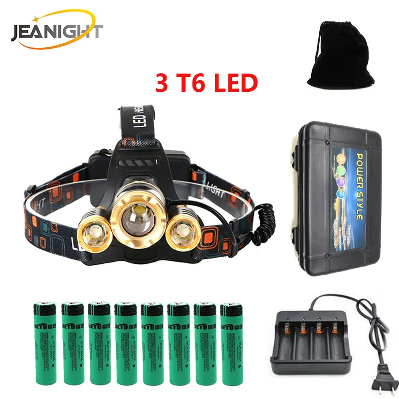 Jeanight платные светодиодный налобный фонарик белый/желтый XML-3T6 Фара с 18650 Батарея