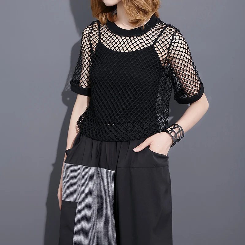 Новинка 2017 года сетчатые футболки Летние Женские однотонные О-образным вырезом