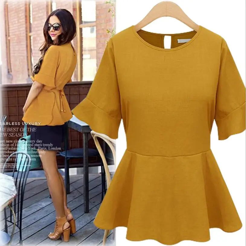 Женская шифоновая блузка с оборками приталенная круглым вырезом в Корейском