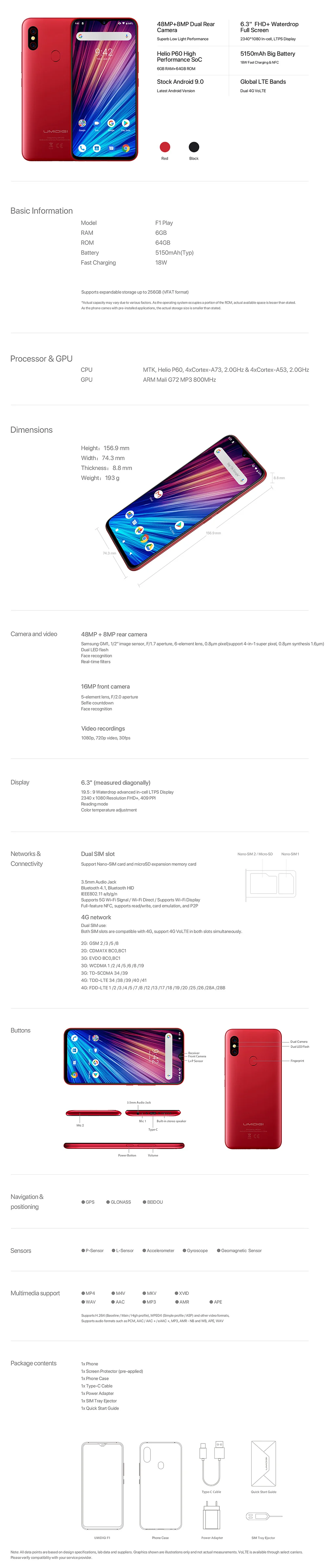 UMIDIGI F1 Play 6.3inch FHD+ 6GB+64GB 48MP Android 9.0 Helio P60 Octa Core 5150mAh 18W OTG NFC 4G Unlocked Smartphone