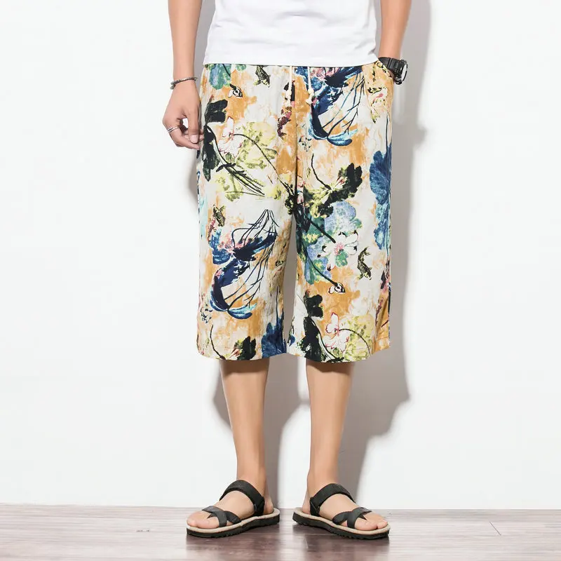 

2020 Japanese shorts male summer season linen loose straight wide leg 7 pants casual beach pants