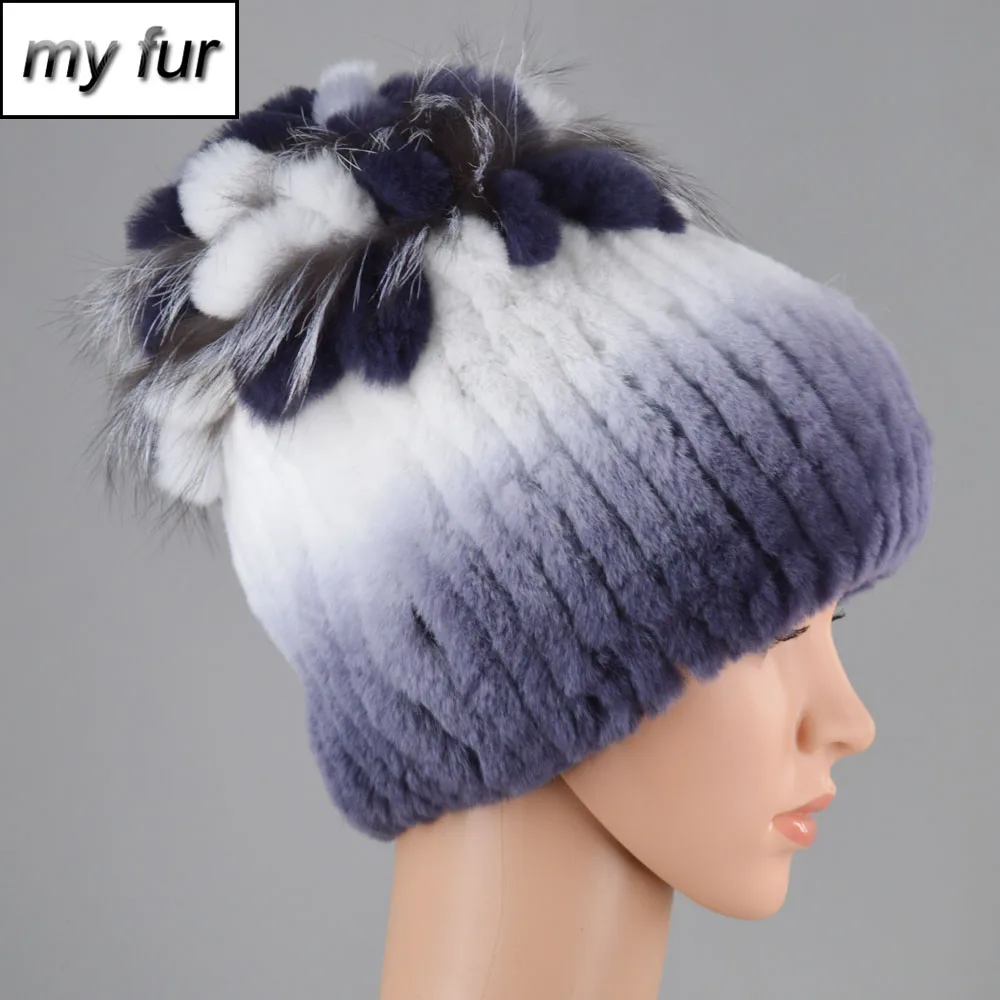 Шапка из натурального меха кролика Рекс с цветочным узором для зимы для российских женщин.