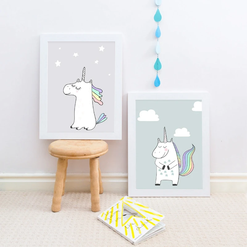 Единорог Холст плакат для девочек Детская Wall Art печати северных мультфильм