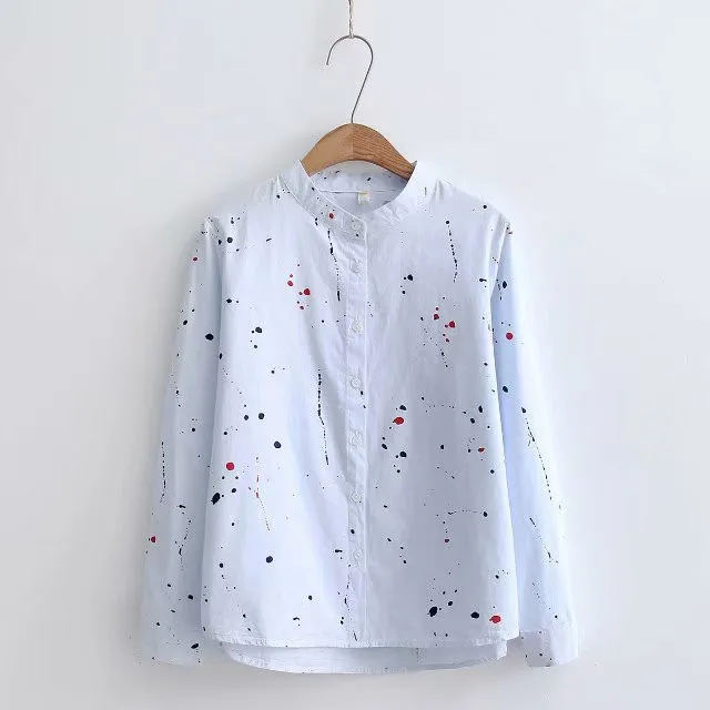 stand collar blue LUNDUNSHIJIA весна осень женская блузка с длинным рукавом с принтом капель дождя Повседневная белая синяя хлопковая рубашка женская одежда топы - Цвет: stand collar blue