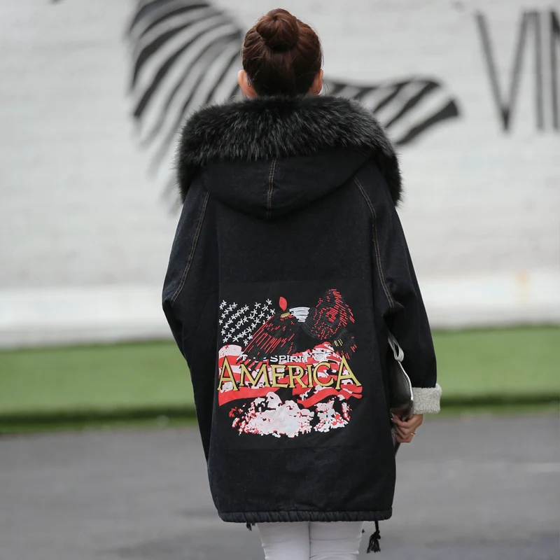 2018 зимнее пальто из овечьей шерсти джинсовая куртка Женская мода принт Длинные с