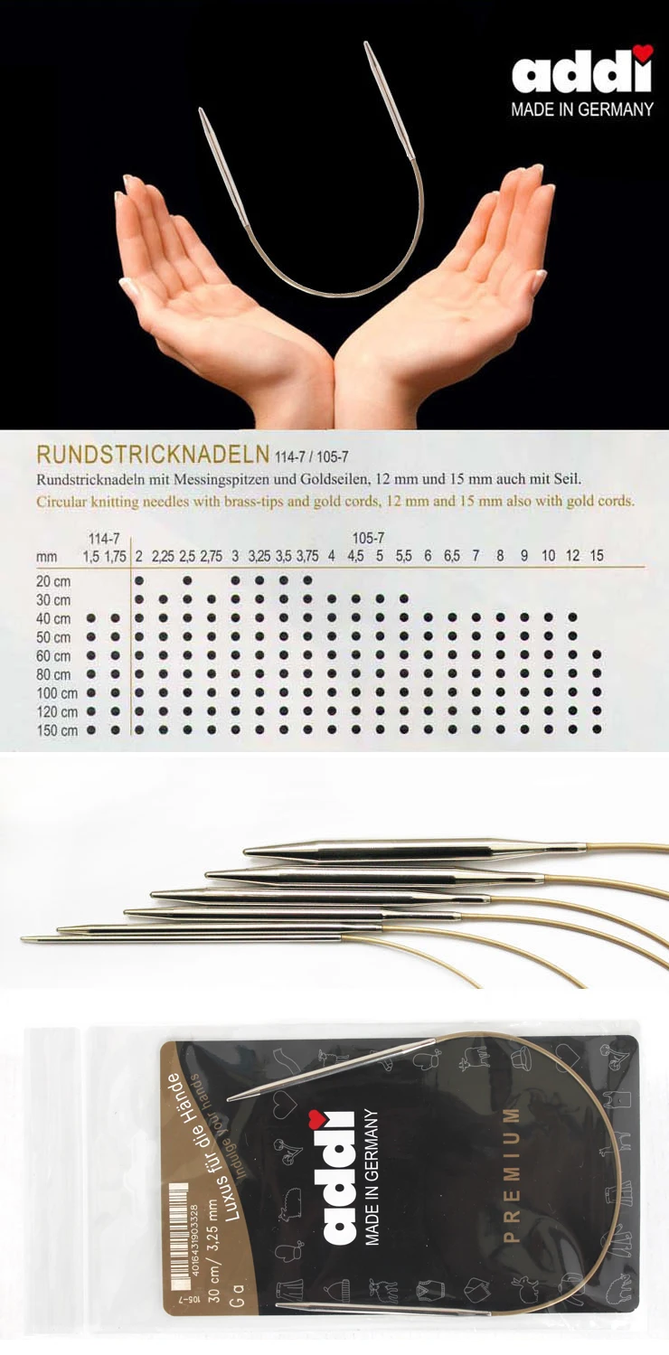 Addi 755-7 круговая спица 60 см 80 см 120 см 150 см 2 мм-8 мм Rundstricknadel, Silberspitzen m Goldseil, nickelfrei