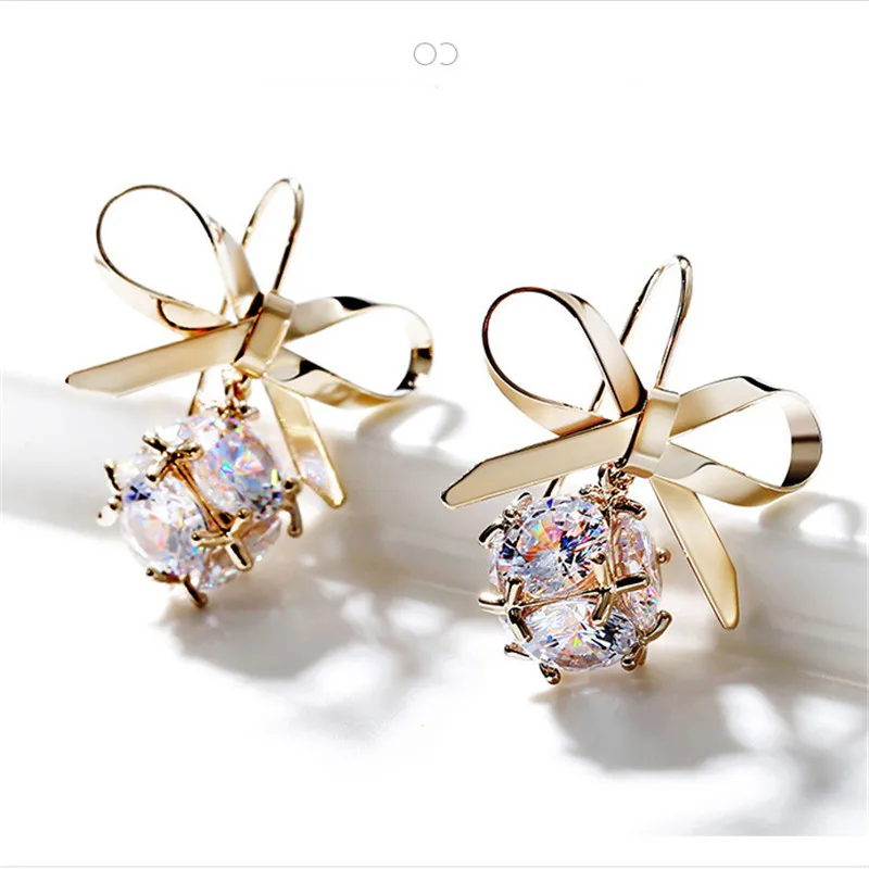 2018 корейские серьги с бантом кубическими цирконами женские длинные висячие
