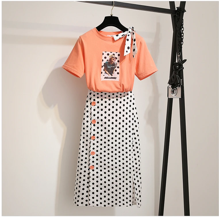 Женский комплект одежды в горошек из 2 предметов футболка с бантом и принтом