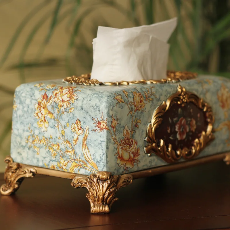European pastoral luxury retro rectangular paper towel box drawn Hotel Villa blue and elegant decor |