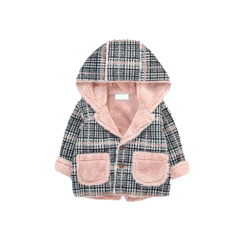 

Thick Warm Faux Suede Fur Baby Girls plaid Jacket with Hood Toddler Girls Thermal Fleece Winter Clothes Fall Coat