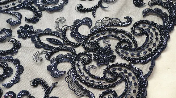 

1 yard Black Beaded Lace Fabric French Wedding Lace