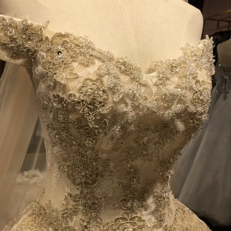 

E JUE SHUNG Champagne Lace Long train Luxury Wedding Dresses Off The Shoulder Beaded Wedding Gowns Bride Dresses robe de mariee
