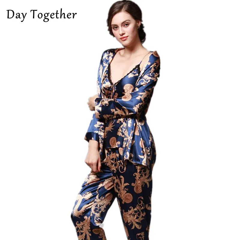 Летние шелковые атласные пижамные комплекты из 3 предметов пикантная Женская