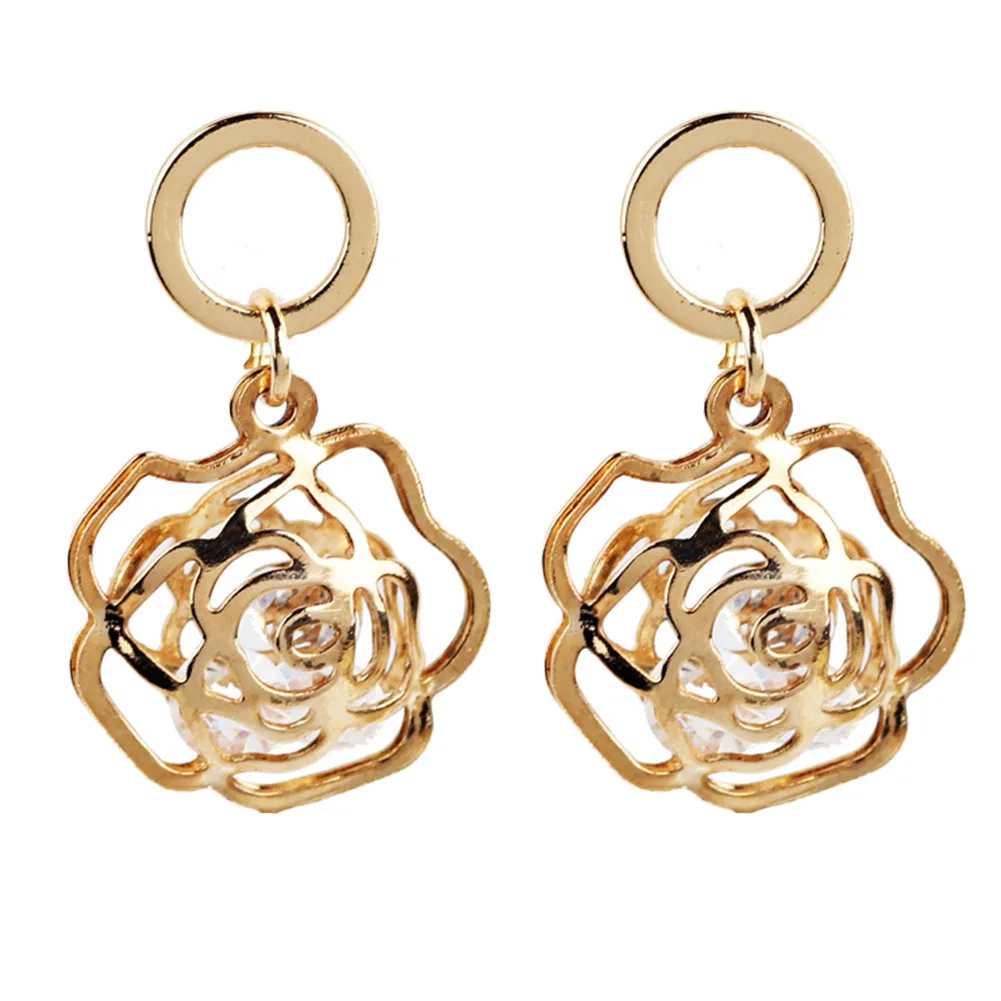 Женские ажурные серьги с цветком розы золотистые без никеля модные ювелирные