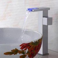 free shipping chrome led faucet waterfall faucet square bathroom basin faucet sink mixer with two pcs 50cm plumbing hoses