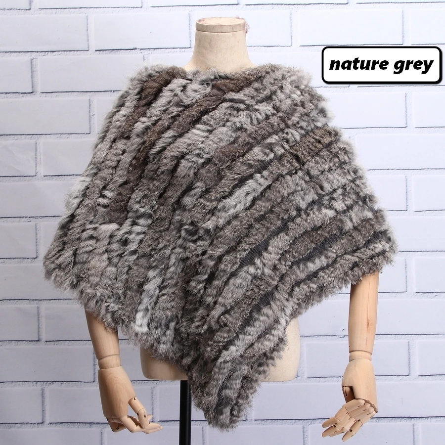 nature grey ZDFURS* Осень-зима, женское пончо из натурального кроличьего меха, треугольная меховая шаль, натуральный мех, пуловеры, вязаная накидка с кроличьим мехом - Цвет: nature grey