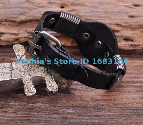 S542 Черная байкерская винтажная Цветочная Шипованная Мужская кожа наручный