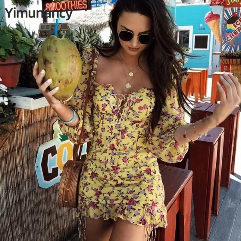 Yimunancy цветочное шифоновое платье женское модное платье Бохо С Рюшами женские праздничные платья vestidos
