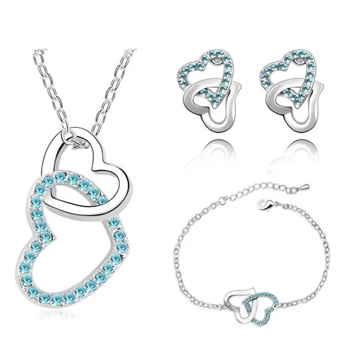 brand wedding Free Shipping Czech Crystal rhinestones Double Heart necklace bracelet earrings fashion Jewelry Sets accessories | Украшения