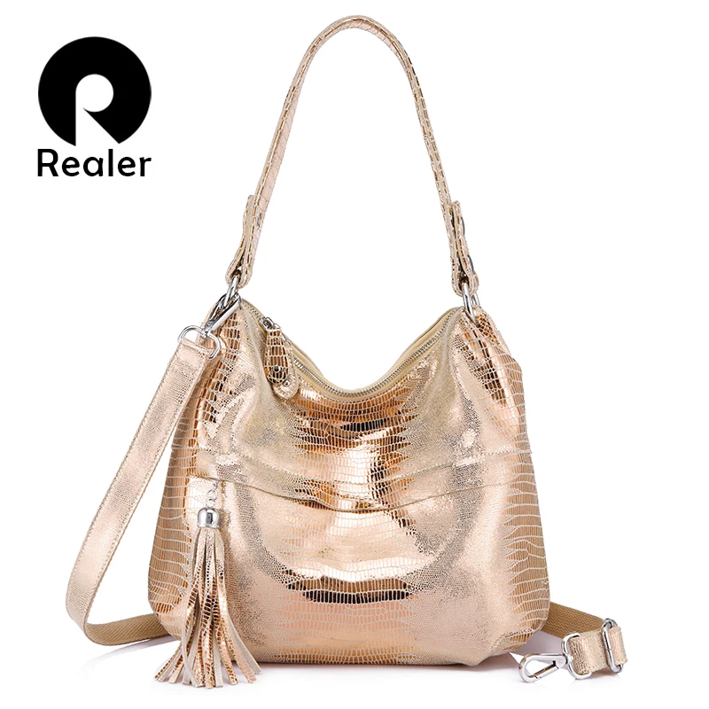 REALER women shoulder bag genuine leather female crossbody bags ladies handbags fashion animal prints tassel chains sequined | Багаж и