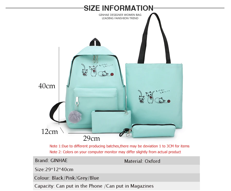 4Pcs/Set Travel Casual Oxford Letter Backpack Preppy Style Cute School Bags For Teenage Girls Women Cat Book Bag Rucksack Dame