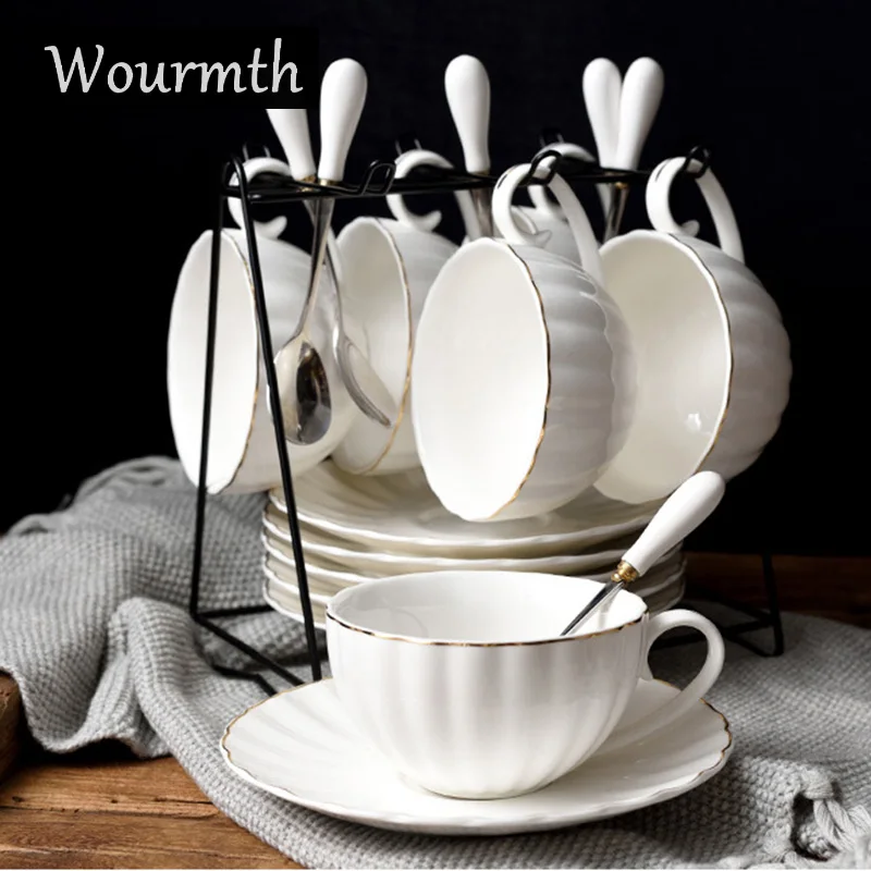 6cup6saucer Wourmth, европейские чисто белые кофейные чашки, наборы, 220 мл, Керамическая Тыква, Золотая оправа, чайные чашки и блюдца, Офисная посуда для напитков, хороший подарок - Цвет: 6cup6saucer