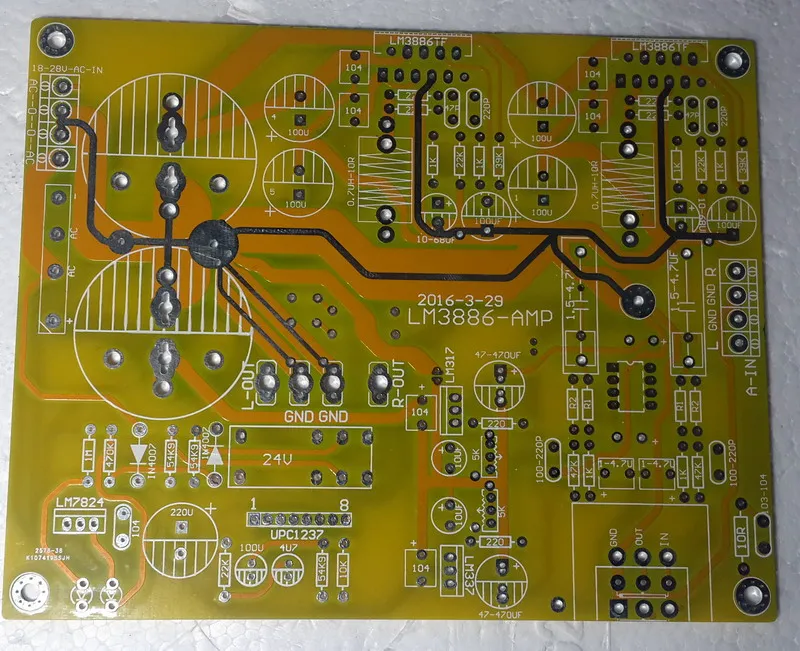 

LM3886 amplifier board NE5532 op amp + ON LM317 Regulator + UPC1237 Speaker Protection preamp board
