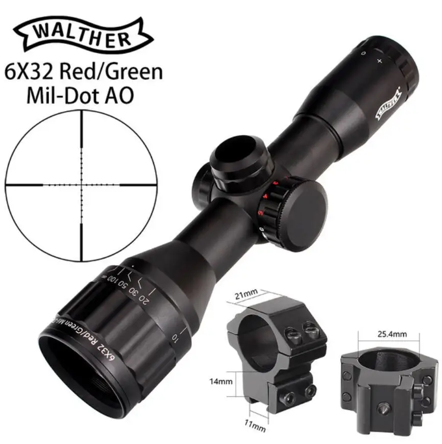 with dovetail ring2 WALTHER 6x32 AO мини Mil-Dot двойной цвет с подсветкой сетка охотничий прицел тактический оптический прицел - Цвет: with dovetail ring2