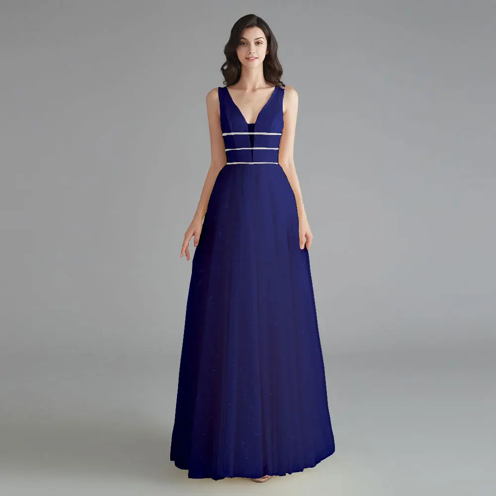 Navy Blue Милые женские вечерние платья Длинное сценическое платье для церемонии Новогоднее торжественное вечернее платье Блестящее платье с глубоким V-образным вырезом - Цвет: Navy Blue