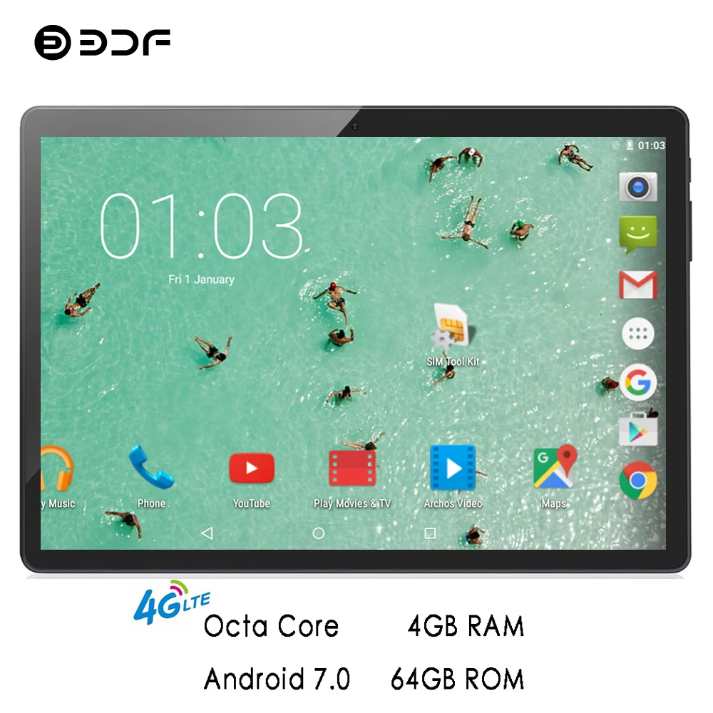 BDF планшет, 10 дюймов, 4G, планшеты с телефонными звонками, четыре ядра, 4 Гб+ 64 ГБ, планшетный ПК, Android 7,0, WiFi, две sim-карты, ПК планшет, 7, 8, 9, 10 Tab